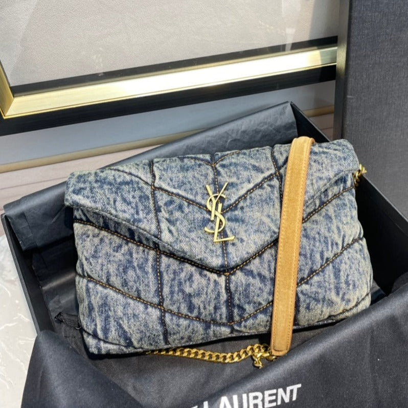 Luxury Saint Laurent LOULOU PUFFER MINI 23 RODEO BLUE SUEDE DENIM