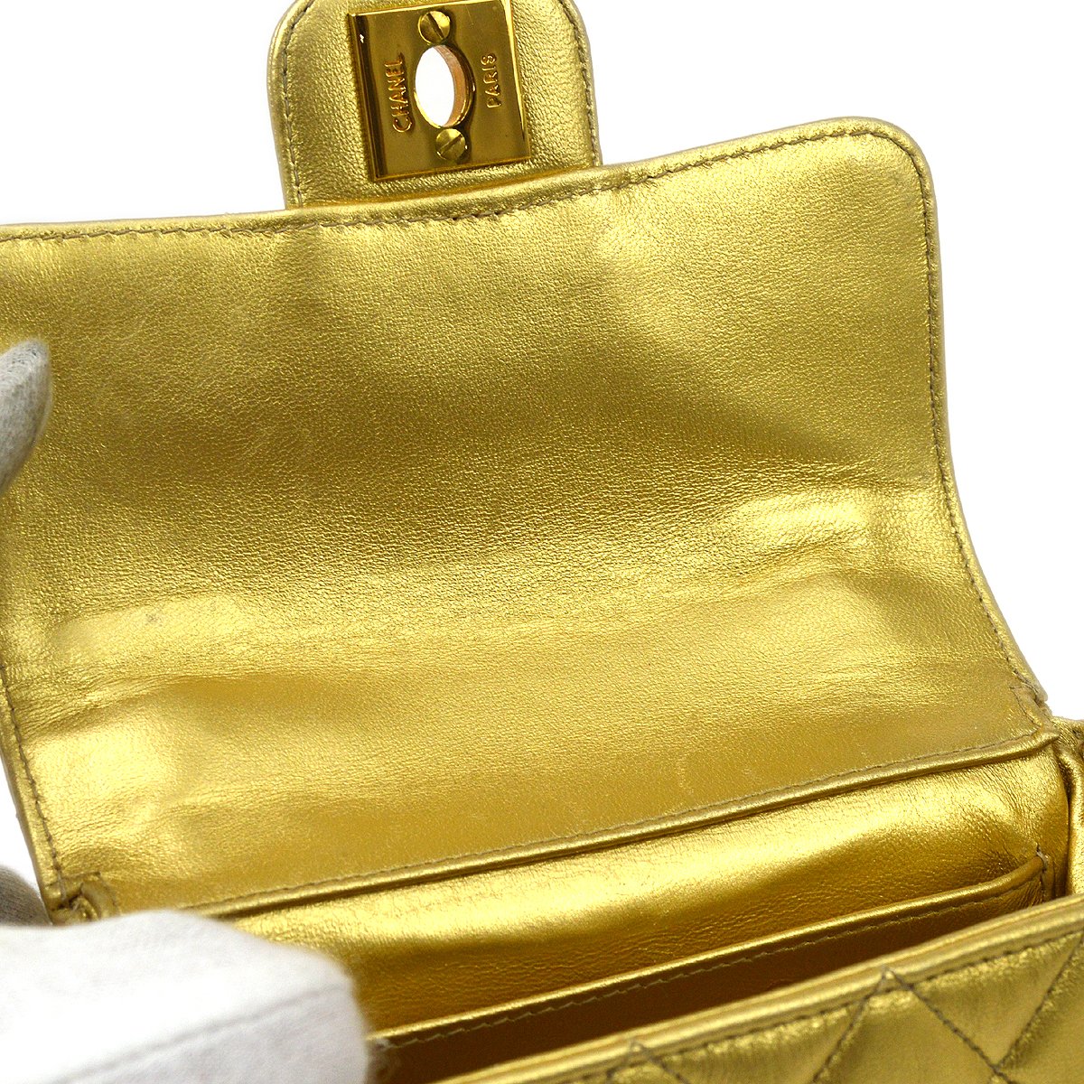 CHANEL Classic Flap Micro Mini Hand Bag Gold Lambskin 91454