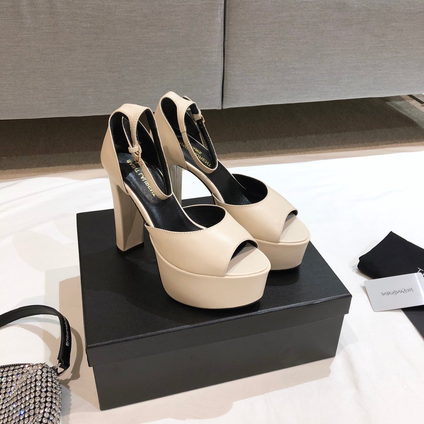 Luxury Saint Laurent SL JODIE 135 PLATFORM SANDALS CREAM CALFSKIN