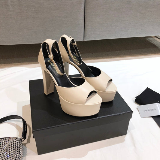 Luxury Saint Laurent SL JODIE 135 PLATFORM SANDALS CREAM CALFSKIN