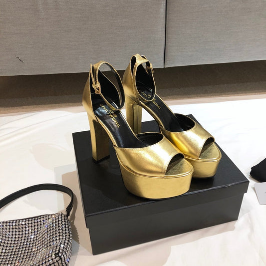Luxury Saint Laurent SL JODIE 135 PLATFORM SANDALS METALLIC GOLD CALFSKIN