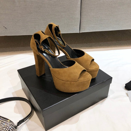 Luxury Saint Laurent SL JODIE 135 PLATFORM SANDALS GOLDENROD SUEDE