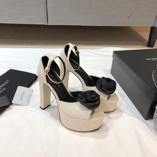 Luxury Saint Laurent SL IVY FLORAL 135 PLATFORM SANDAL CREAM CALFSKIN
