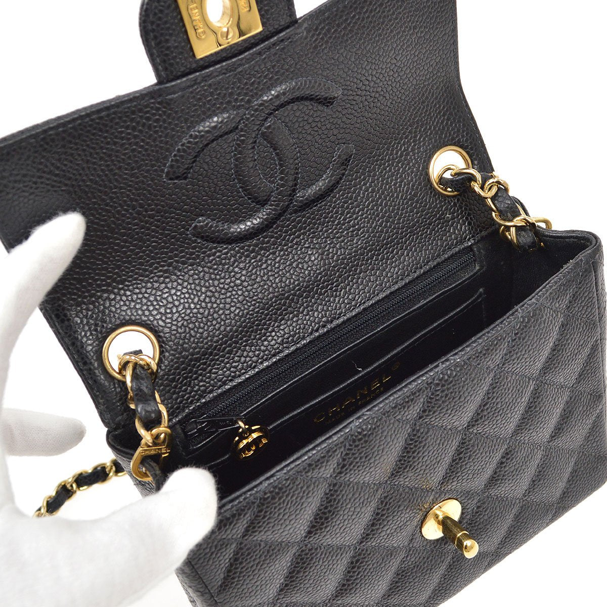 CHANEL 2003-2004 Classic Square Flap 17 Black Caviar 61688