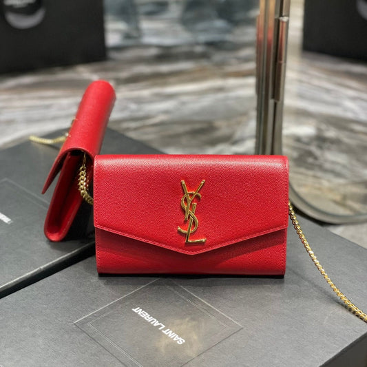Luxury Saint Laurent UPTOWN CHAIN WALLET 19 RED GRAINED CALFSKIN