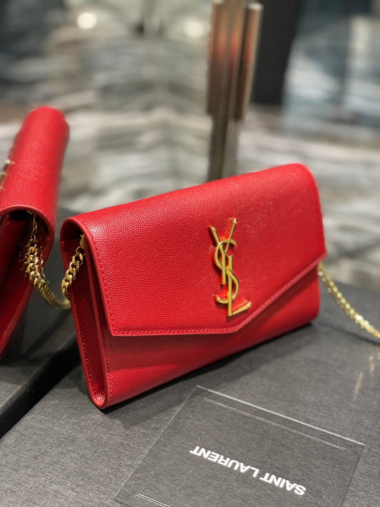 Luxury Saint Laurent UPTOWN CHAIN WALLET 19 RED GRAINED CALFSKIN