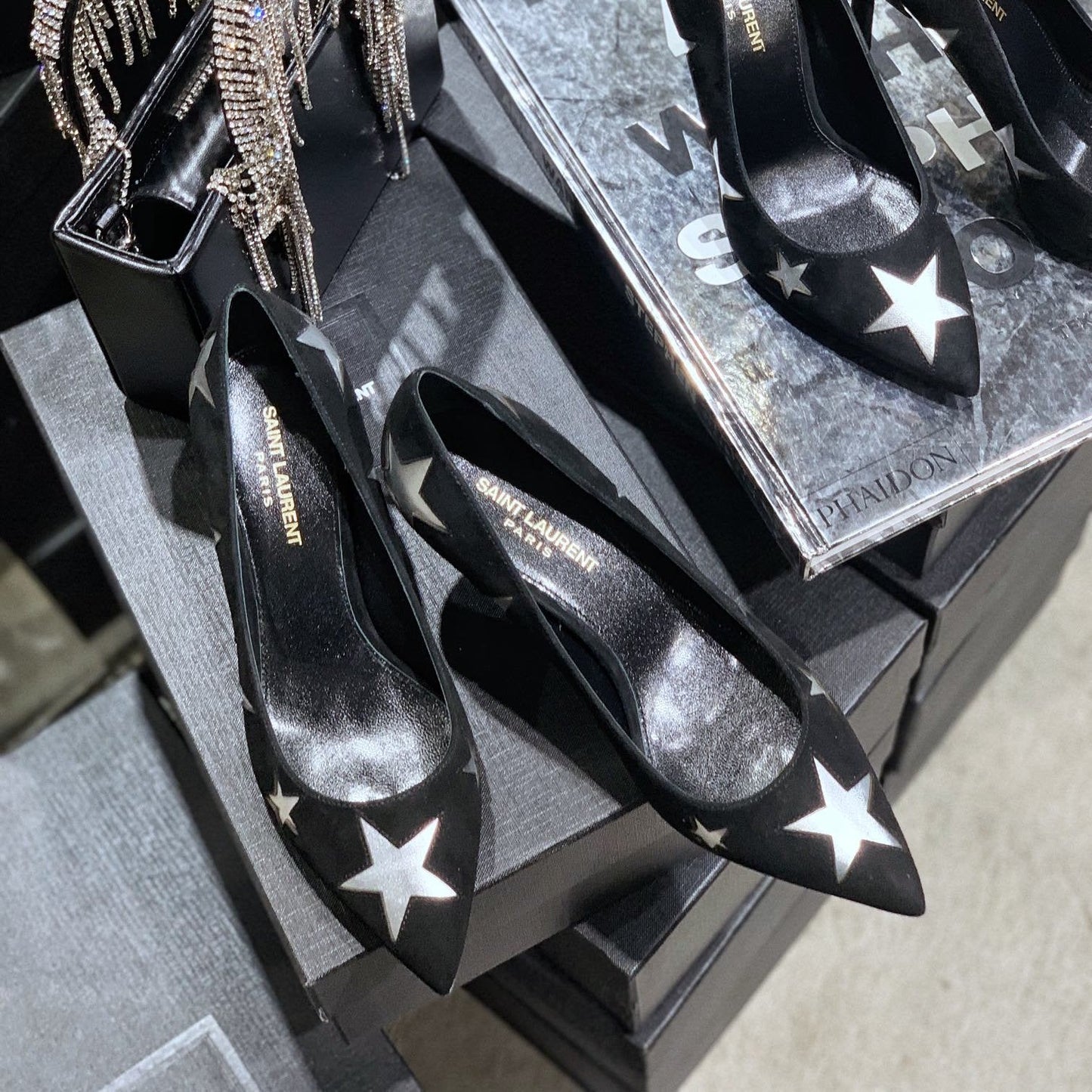 Luxury Saint Laurent SL CHARLOTTE SILVER STAR PUMPS BLACK SUEDE