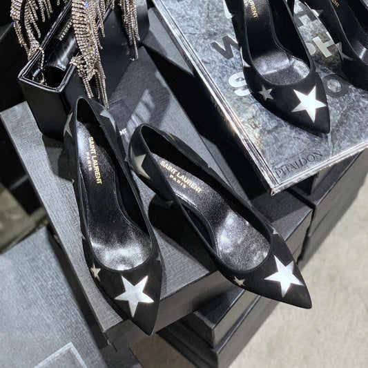 Luxury Saint Laurent SL CHARLOTTE SILVER STAR PUMPS BLACK SUEDE