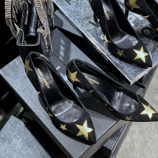 Luxury Saint Laurent SL CHARLOTTE GOLD STAR PUMPS BLACK SUEDE