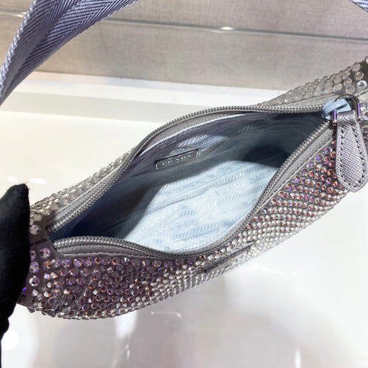Luxury PradaSPARKLING HOBO BAG 23 IN SILVER NYLON ATTACHED FULLY CRYSTALS