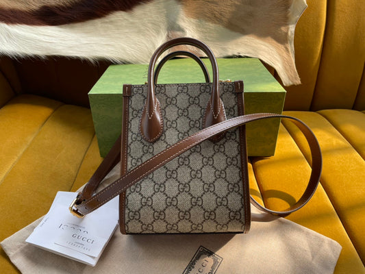 Luxury Gucci MINI TOTE  20 BAG IN BEIGE CANVAS AND BROWN CALFSKIN