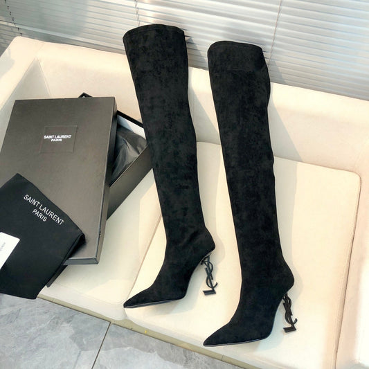 Luxury Saint Laurent OPYUM THIGH HIGH BOOTS IN BLACK VELVET
