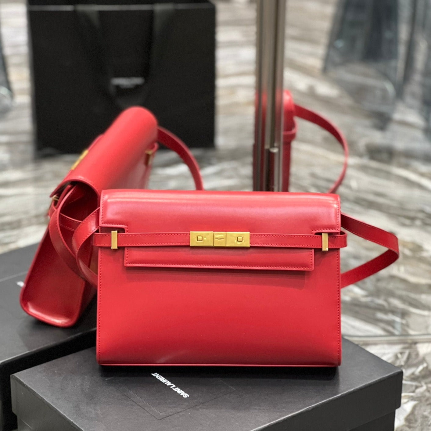 Luxury Saint Laurent MAHATTAN IN BOX 29 RED CALFSKIN GOLD HARDWARE