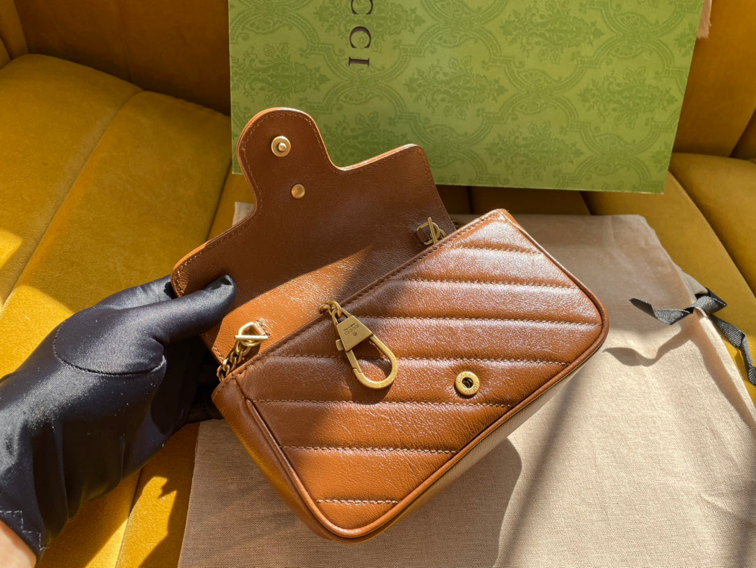 Luxury Gucci GG MARMONT MINI 16 BAG IN CINNAMON BROWN CALFSKIN