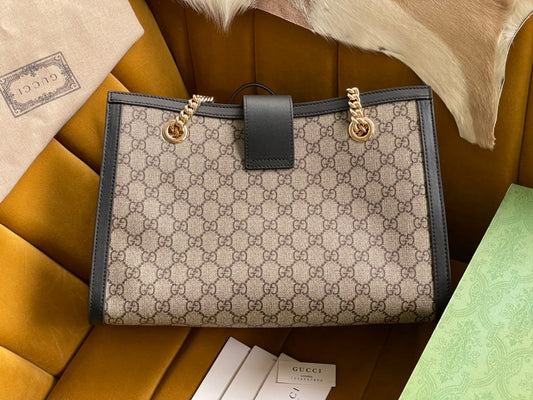 Luxury Gucci GG PADLOCK LARGE 35 SHOULDER BAG BEIGE CANVAS AND BLACK CALFSKIN