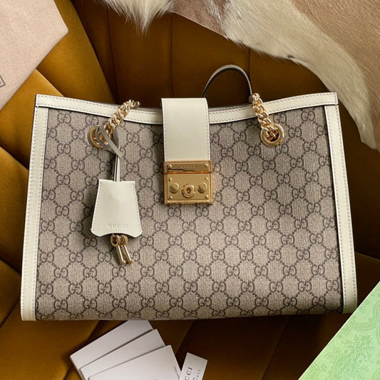 Luxury Gucci GG PADLOCK LARGE 35 SHOULDER BAG BEIGE CANVAS AND WHITE CALFSKIN