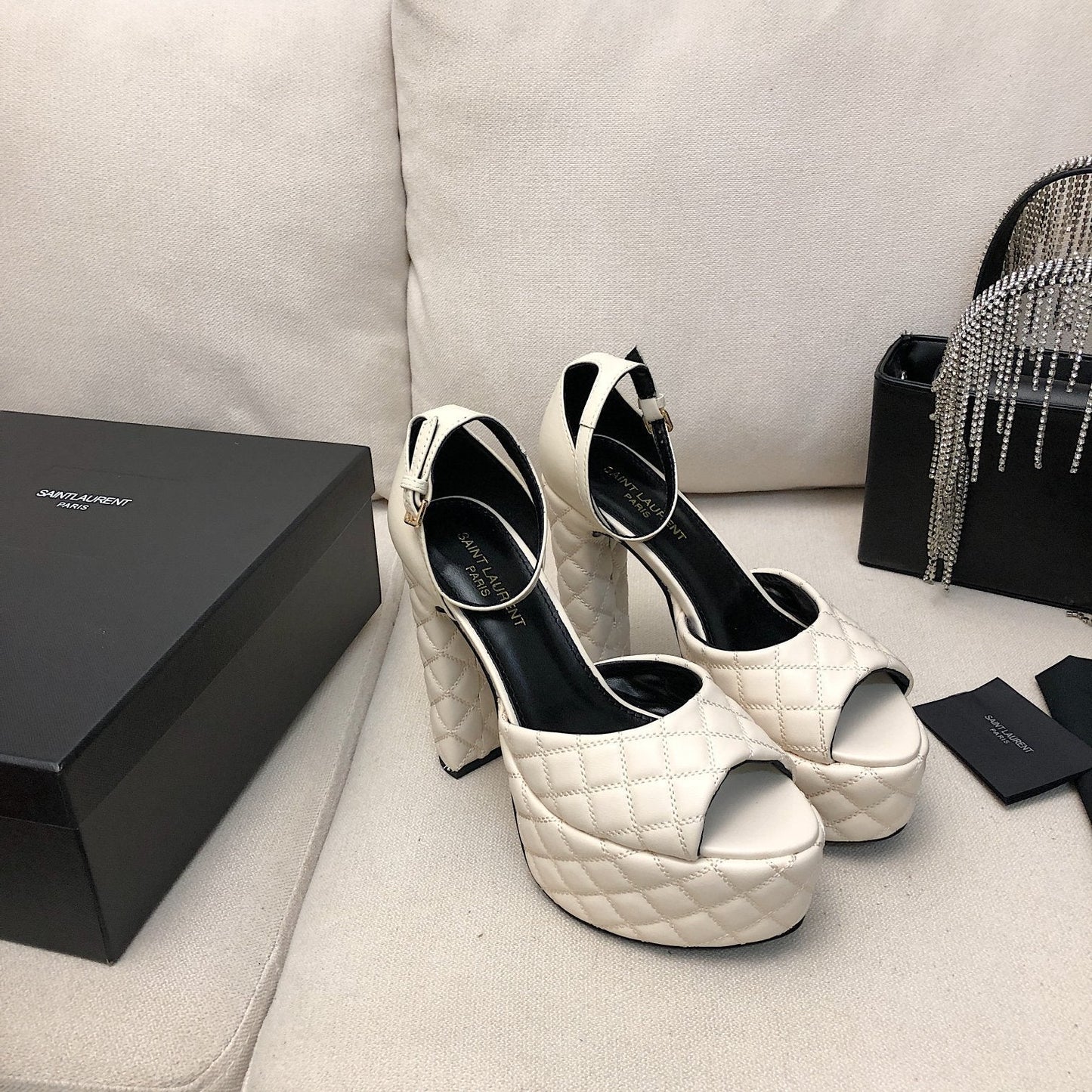 Luxury Saint Laurent SL JODIE 135 PLATFORM SANDALS WHITE EMBOSSED CALFSKIN
