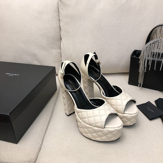 Luxury Saint Laurent SL JODIE 135 PLATFORM SANDALS WHITE EMBOSSED CALFSKIN