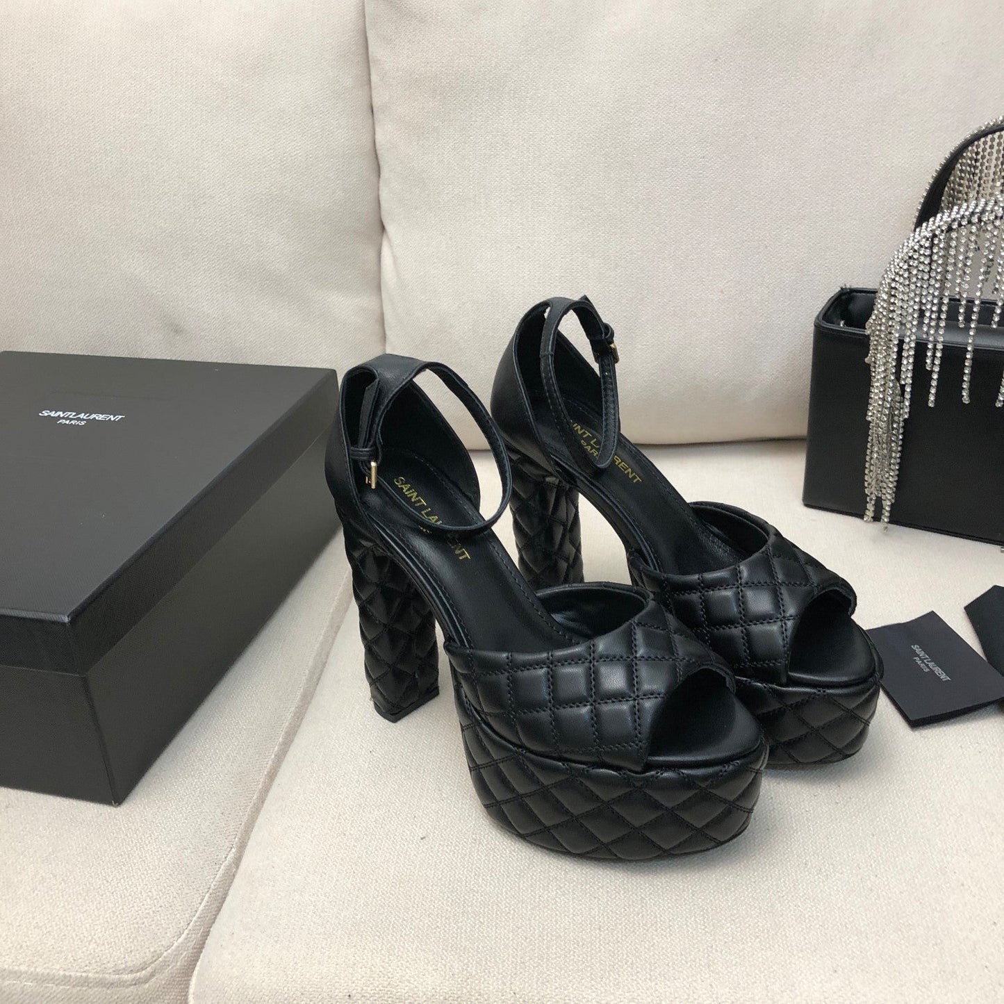 Luxury Saint Laurent SL JODIE 135 PLATFORM SANDALS BLACK EMBOSSED CALFSKIN