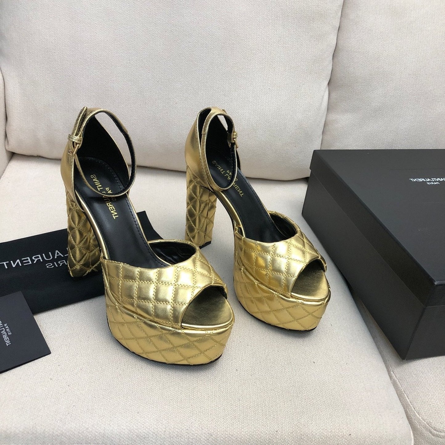 Luxury Saint Laurent SL JODIE 135 PLATFORM SANDALS GOLD EMBOSSED CALFSKIN