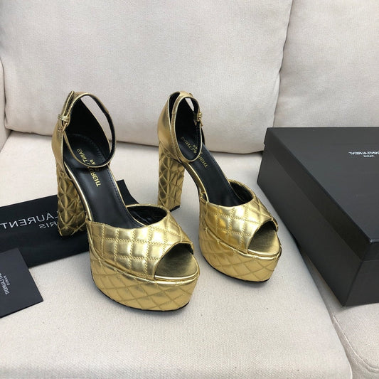 Luxury Saint Laurent SL JODIE 135 PLATFORM SANDALS GOLD EMBOSSED CALFSKIN