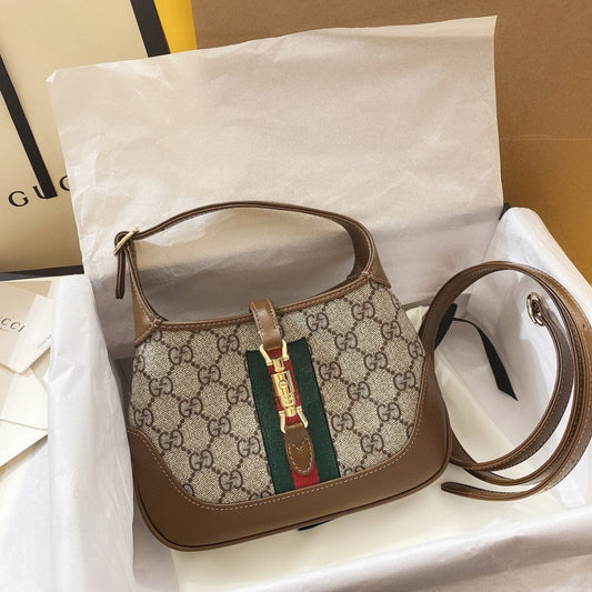 Luxury Gucci JACKIE 1961 MINI 19 SHOULDER BAG IN BEIGE CANVAS AND BROWN CALFSKIN