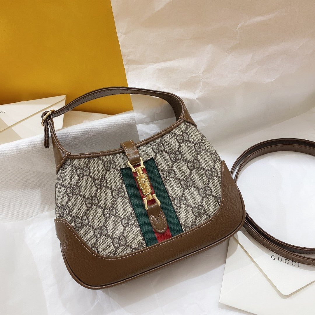 Luxury Gucci JACKIE 1961 MINI 19 SHOULDER BAG IN BEIGE CANVAS AND BROWN CALFSKIN