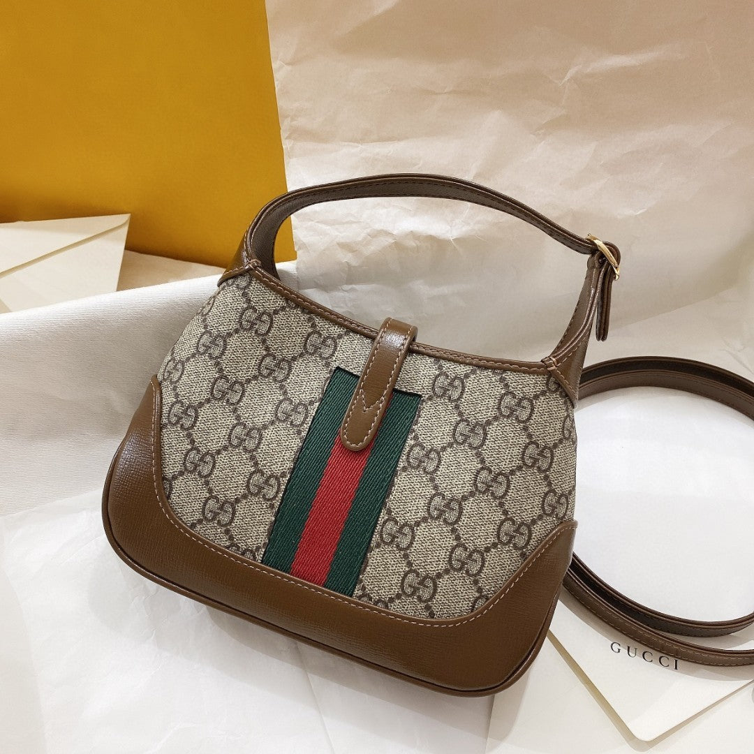 Luxury Gucci JACKIE 1961 SMALL 28 SHOULDER BAG IN BEIGE CANVAS AND BROWN CALFSKIN