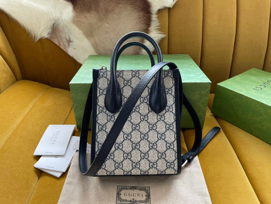 Luxury Gucci MINI TOTE  20 BAG IN BEIGE CANVAS AND BLACK CALFSKIN