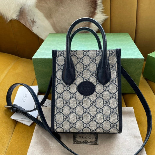 Luxury Gucci MINI TOTE  20 BAG IN BEIGE CANVAS AND BLACK CALFSKIN