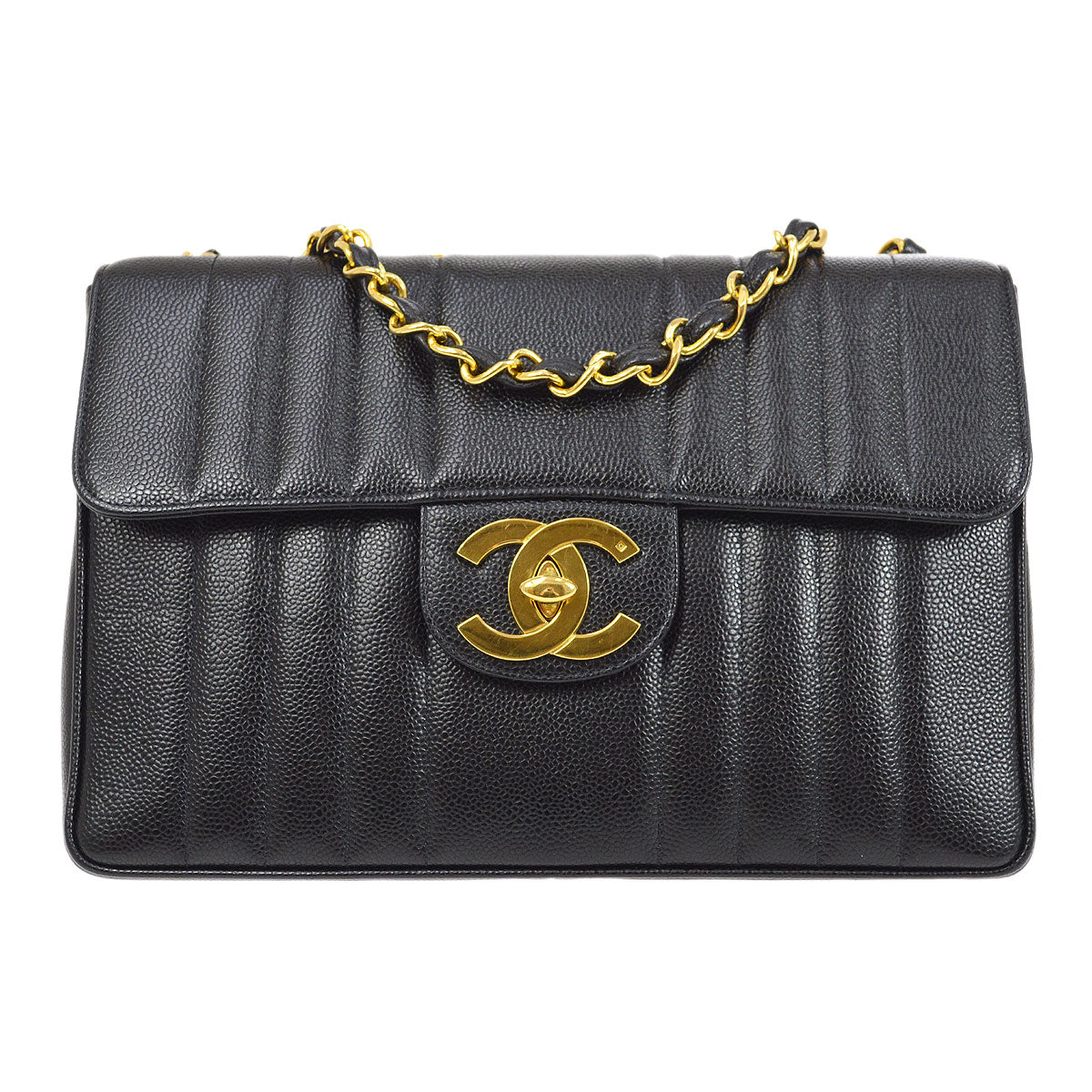 CHANEL★ * 1994-1996 Black Caviar Vertical Classic Flap Jumbo 53446