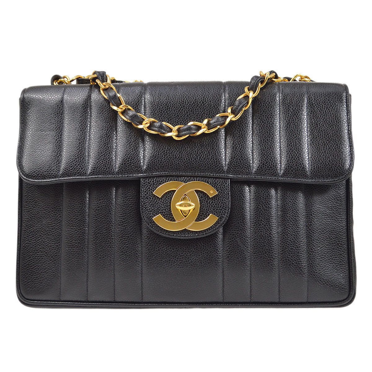 CHANEL 1991-1994 Black Caviar Vertical Classic Flap Jumbo 14367