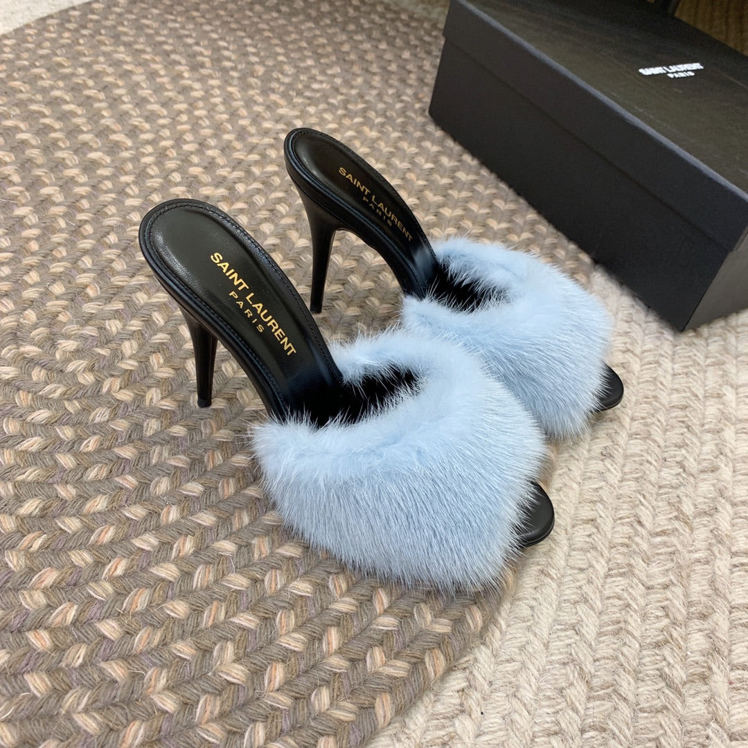 Luxury Saint Laurent LA 16 HEELED MULES IN SKY BLUE RABBIT FUR AND SMOOTH LAMBSKIN