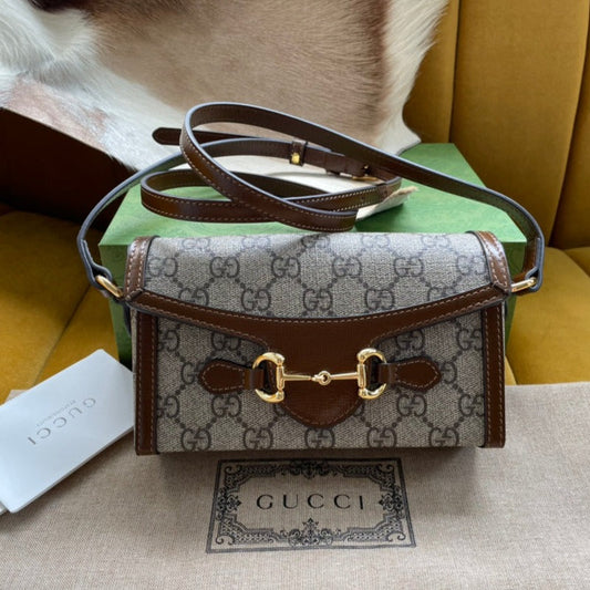 Luxury Gucci GG HORSEBIT 1955 MINI 18 BAG BEIGE CANVAS AND BROWN CALFSKIN