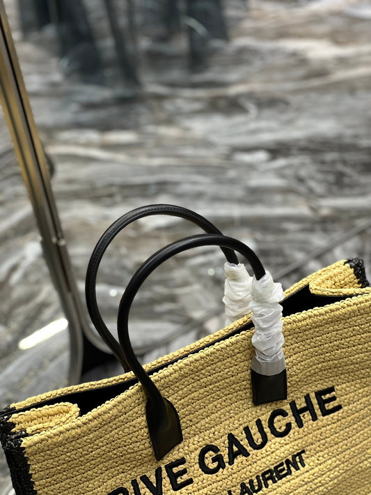 Luxury Saint Laurent RIVE GAUCHE TOTE BAG 48 IN LIGHT YELLOW AND BLACK TRIM RAFFIA