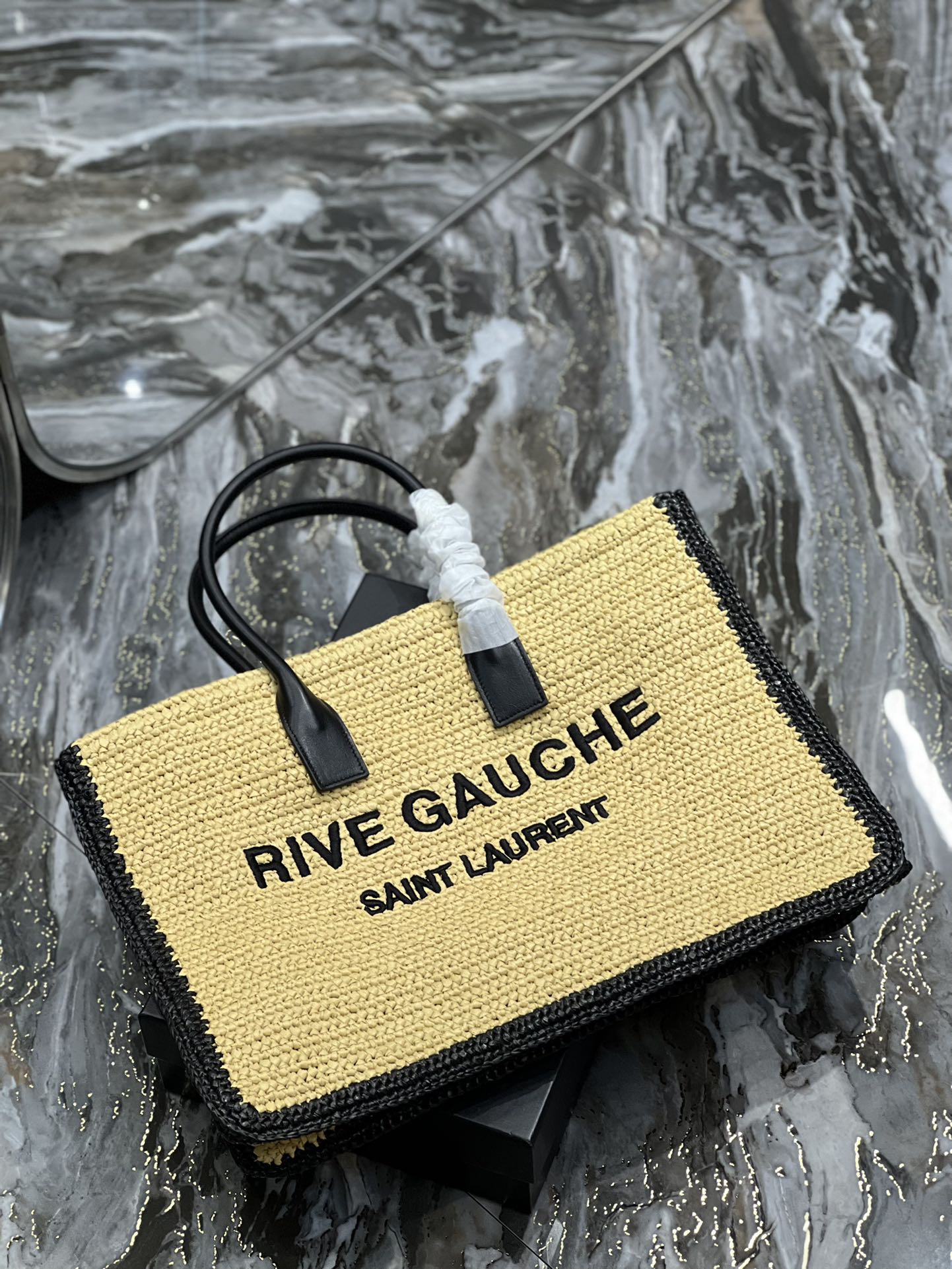 Luxury Saint Laurent RIVE GAUCHE TOTE BAG 48 IN LIGHT YELLOW AND BLACK TRIM RAFFIA