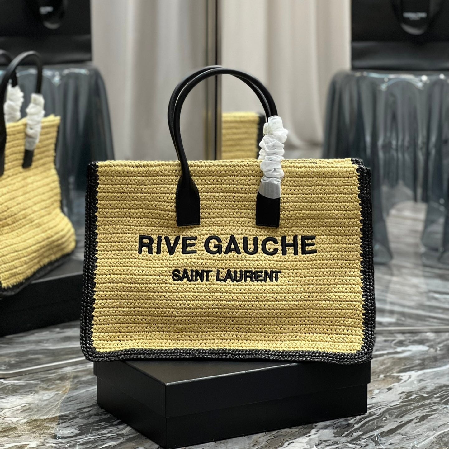 Luxury Saint Laurent RIVE GAUCHE TOTE BAG 48 IN LIGHT YELLOW AND BLACK TRIM RAFFIA