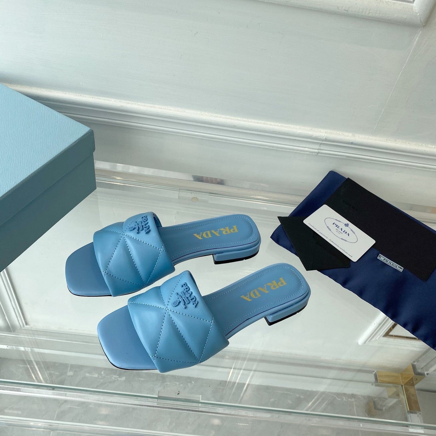 Luxury PradaSlide 25 Quilted Sky Blue leather