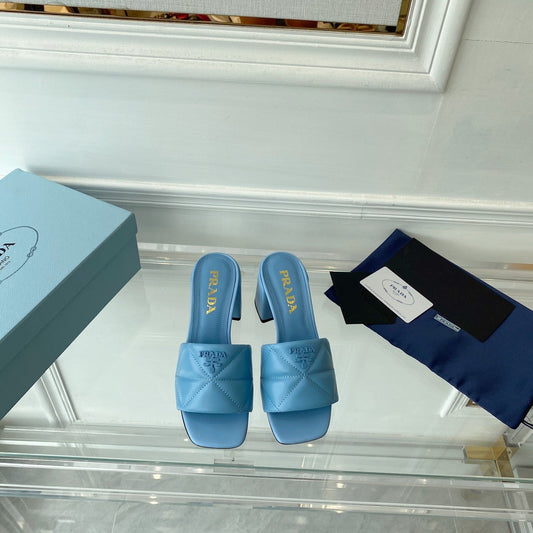 Luxury PradaHeeled Sandal 65 Square Sole Quilted Sky Blue Leather