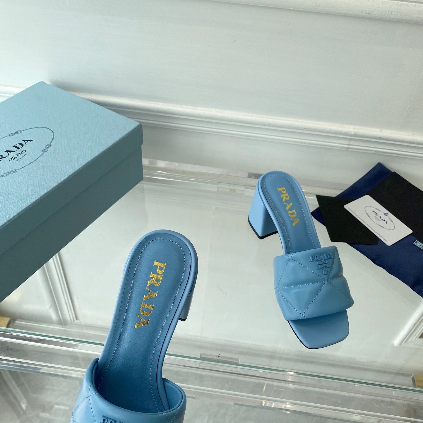 Luxury PradaHeeled Sandal 65 Square Sole Quilted Sky Blue Leather