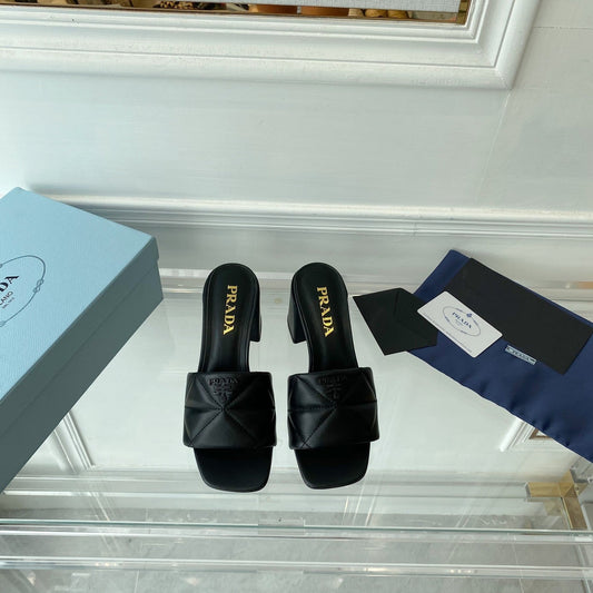 Luxury PradaHeeled Sandal 65 Square Sole Quilted Black Leather