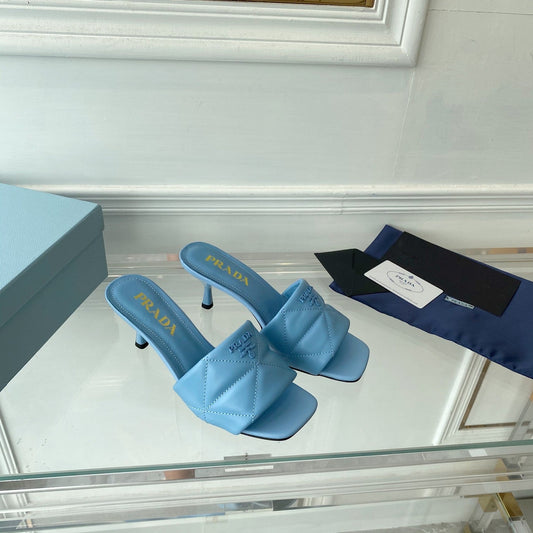 Luxury PradaHeeled Sandal 65 Pointed Sole Quilted Sky Blue Leather