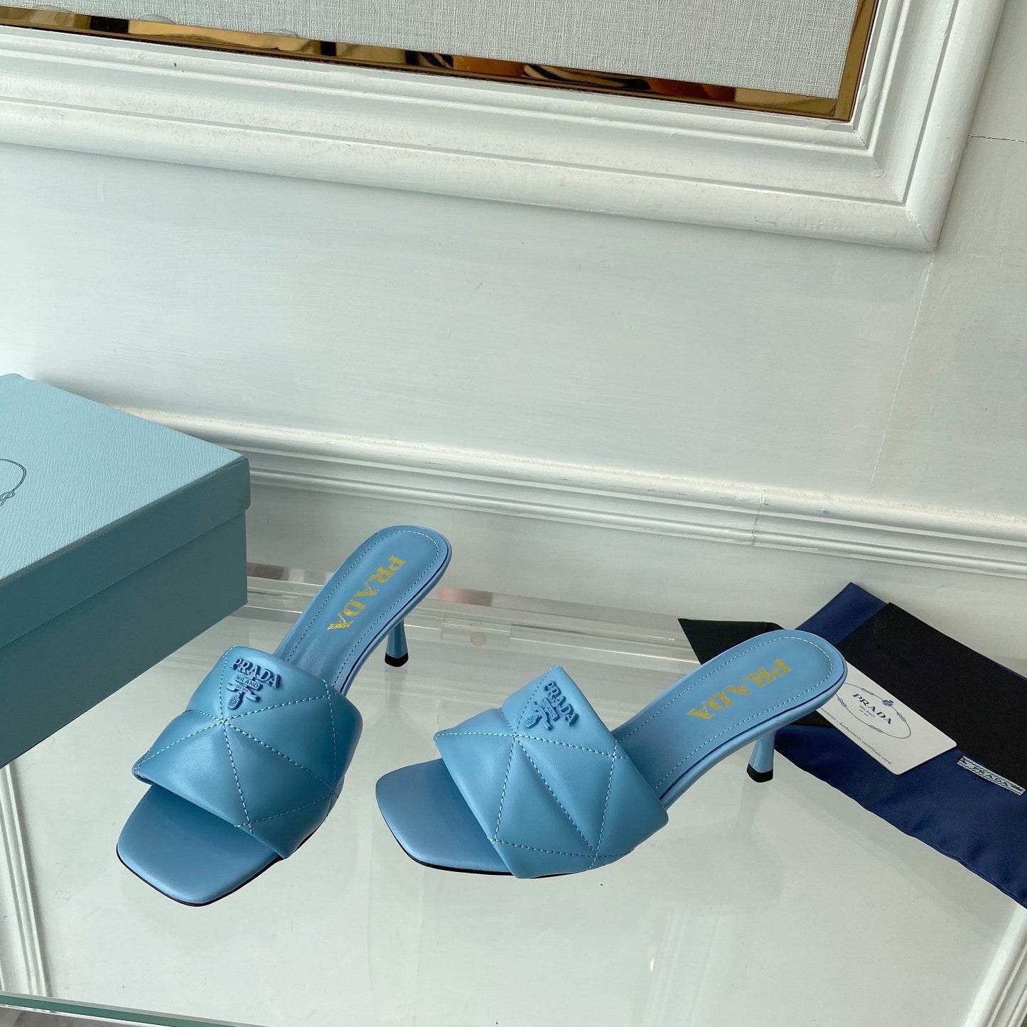 Luxury PradaHeeled Sandal 65 Pointed Sole Quilted Sky Blue Leather