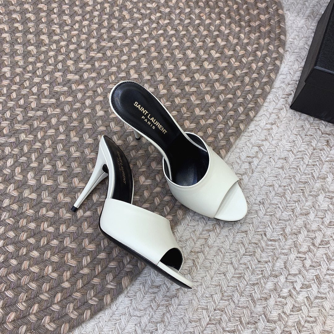 Luxury Saint Laurent LA 16 HEELED MULES IN WHITE SMOOTH LAMBSKIN