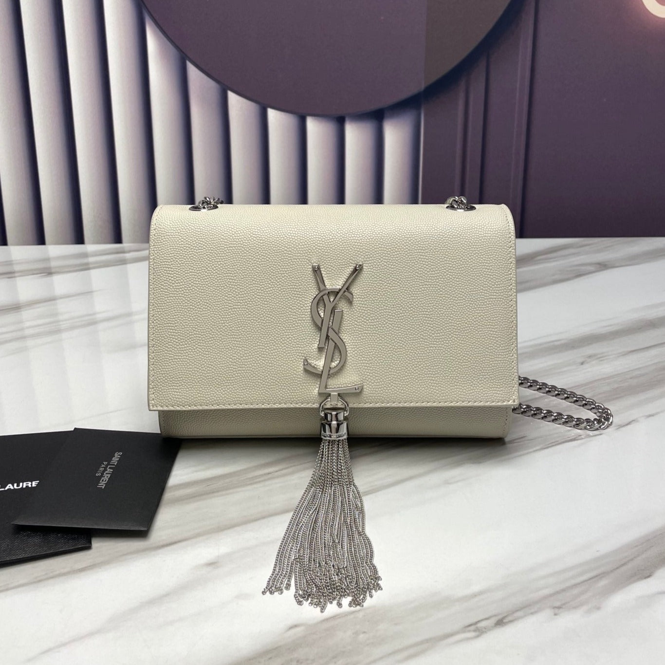 Luxury Saint Laurent kate medium 24cm white grained calfskin silver hardware