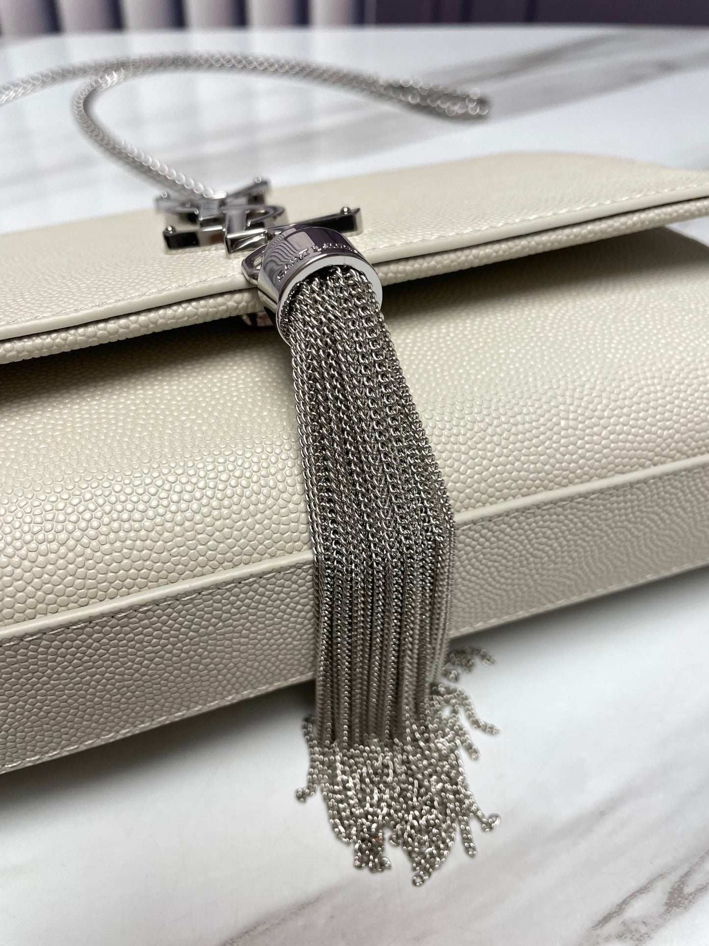 Luxury Saint Laurent kate medium 24cm white grained calfskin silver hardware