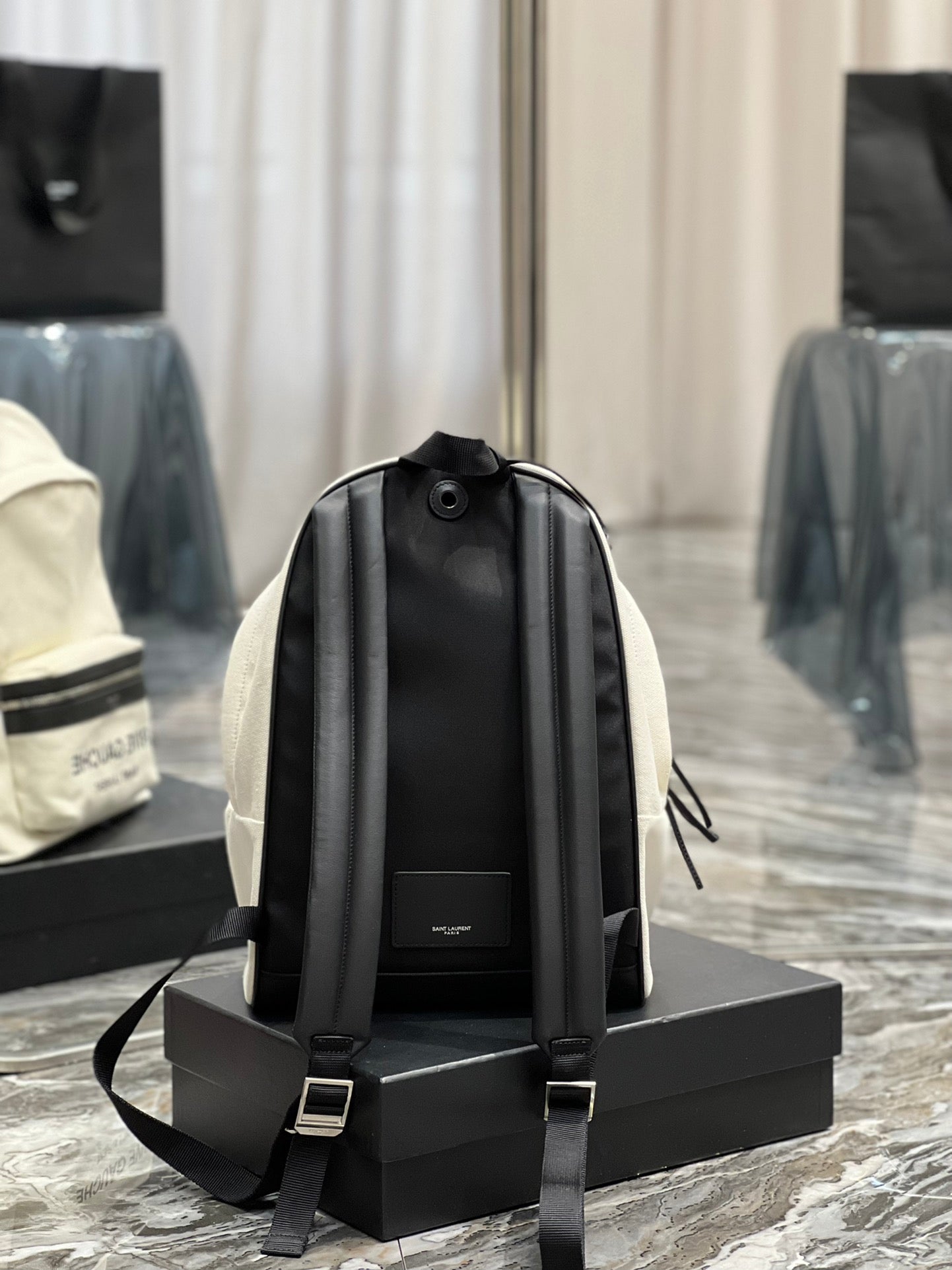 Luxury Saint Laurent RIVE GAUCHE BACKPACK 35 IN WHITE CANVAS MIX BLACK CALFSKIN