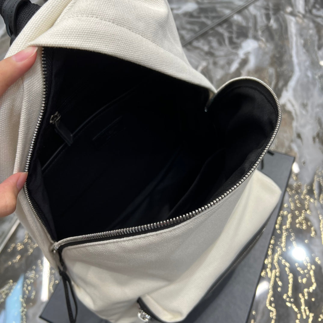 Luxury Saint Laurent RIVE GAUCHE BACKPACK 35 IN WHITE CANVAS MIX BLACK CALFSKIN