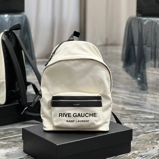 Luxury Saint Laurent RIVE GAUCHE BACKPACK 35 IN WHITE CANVAS MIX BLACK CALFSKIN