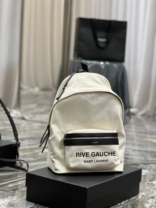 Luxury Saint Laurent RIVE GAUCHE BACKPACK 35 IN WHITE CANVAS MIX BLACK CALFSKIN